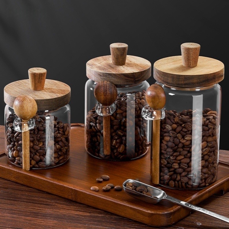 Coffee Tea And Sugar Canister Set - ABJI - Szklane słoiki z drewnianymi