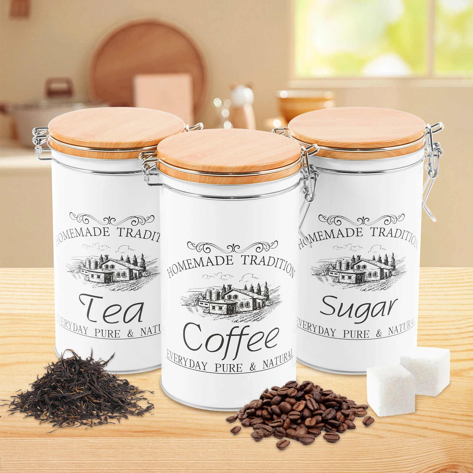Coffee Tea And Sugar Canister Set - 3 szt./zestaw Metalowe pojemniki na herbatę,