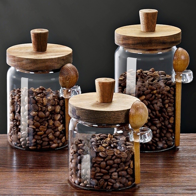 ABJI - Szklane słoiki z drewni – Coffee Tea And Sugar Canister Set recenzja i cena